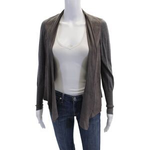Rivamonti Womens Open Front Suede Trim Knit Cardigan Sweater Gray Wool Small